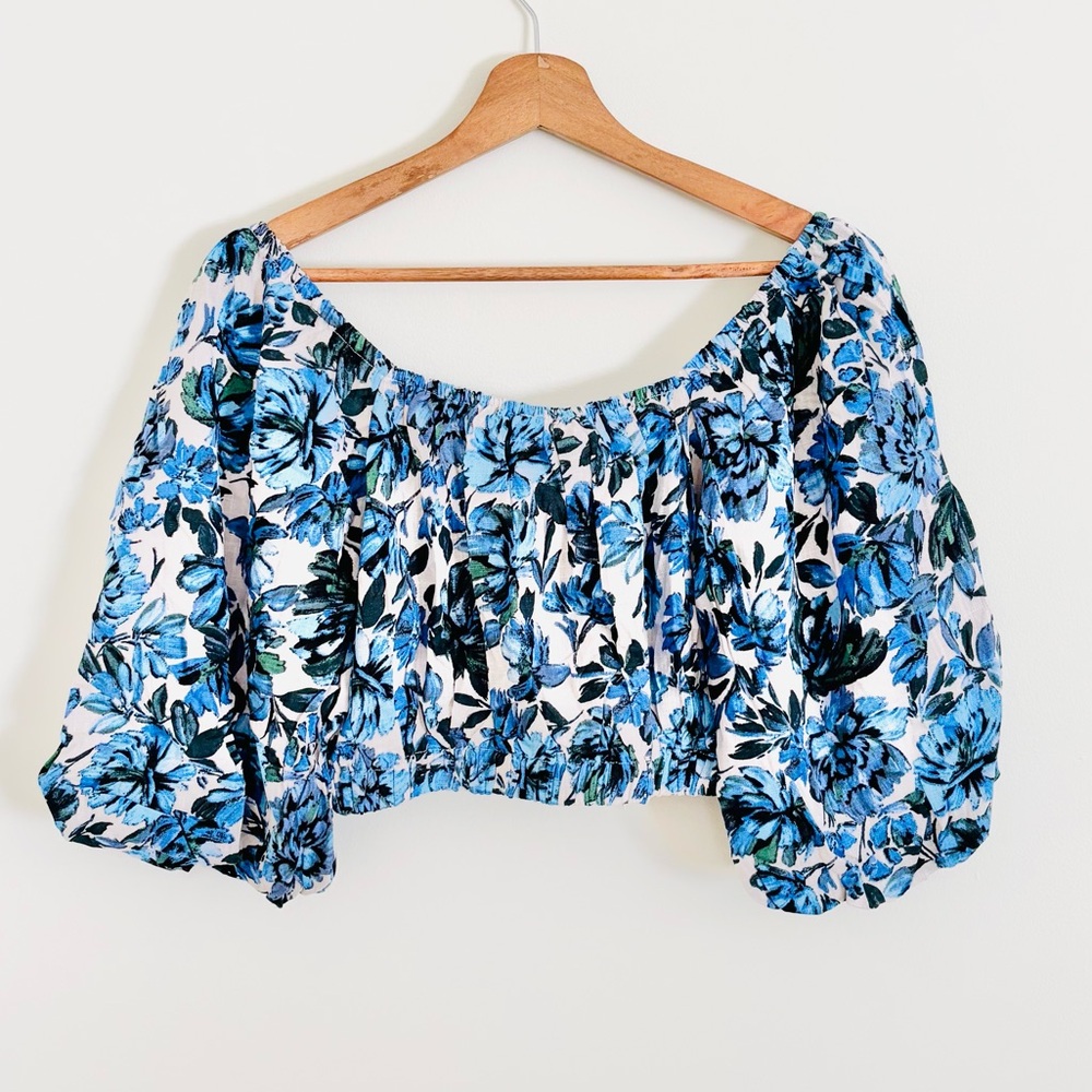 NWT White Closet Balloon Sleeve Crop Top in Blue Floral Print - Picture 5 of 6